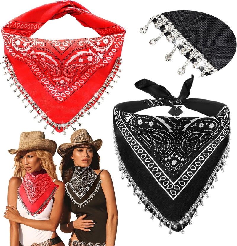 Vabean 2 Pcs Disco Rhinestone Fringed Bandana Paisley Bandanas Cowgirl Bachelorette Rhinestones Tassel Kerchief - Image 1